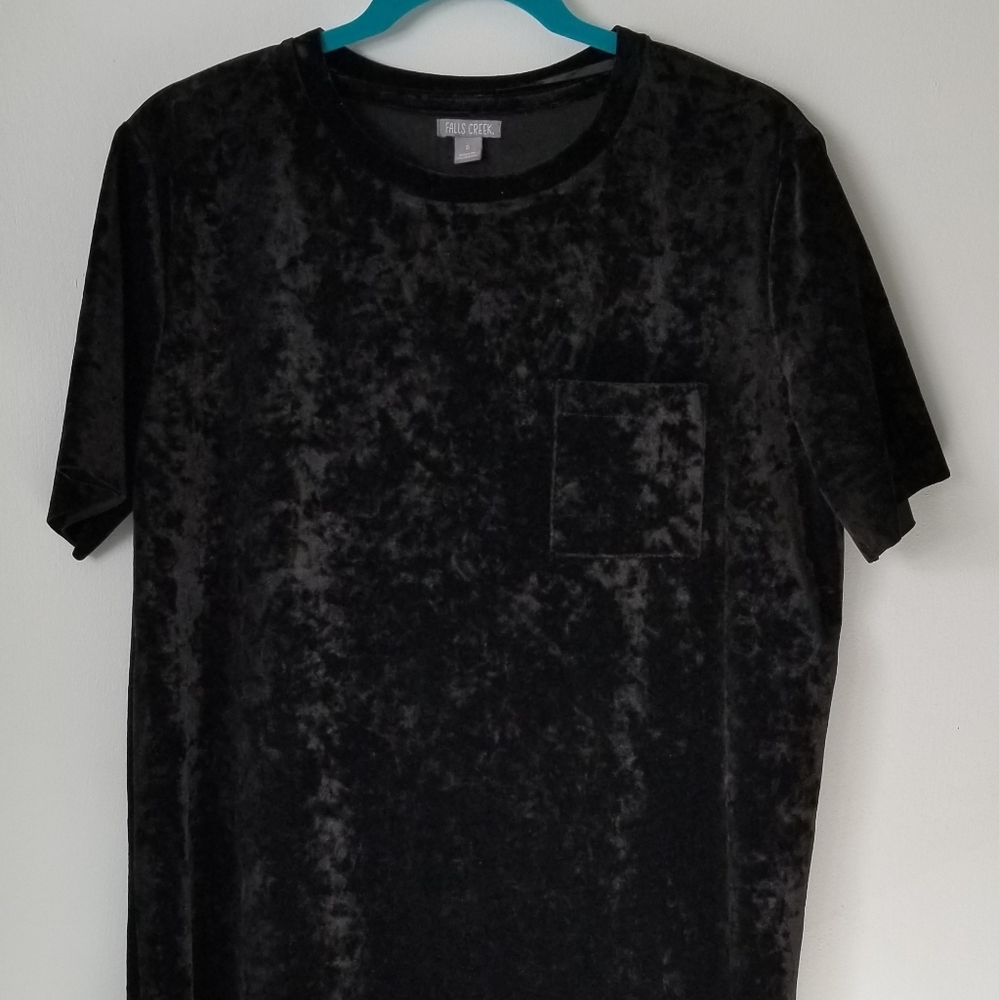 Falls Creek Black Faux Velvet Short Sleeve Top L - Picture 1 of 8